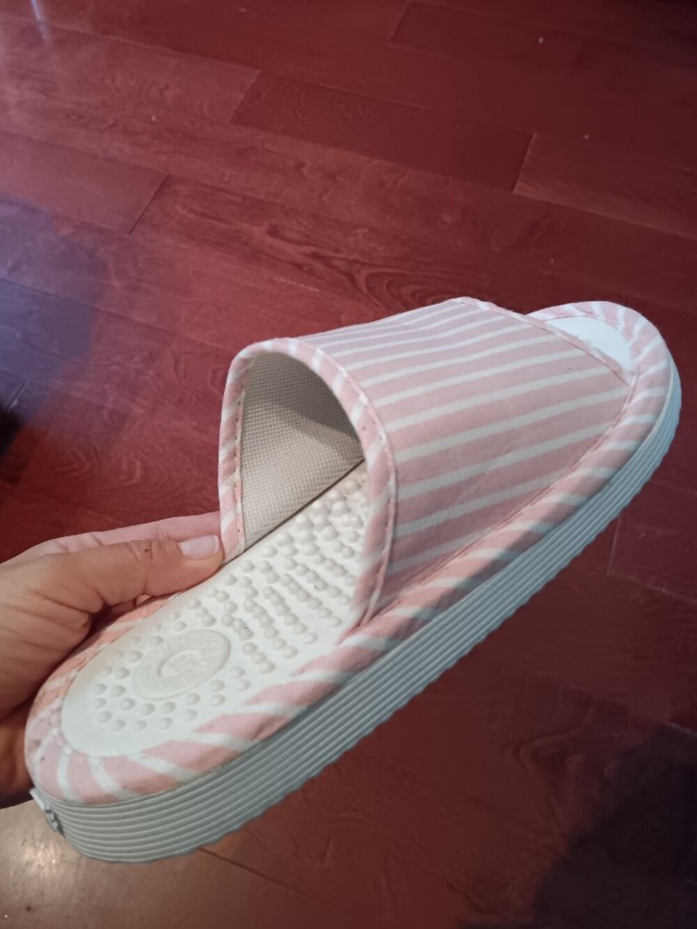 Walking Healthy Women's Massage Pressure Slippers Pink and White Stripes M